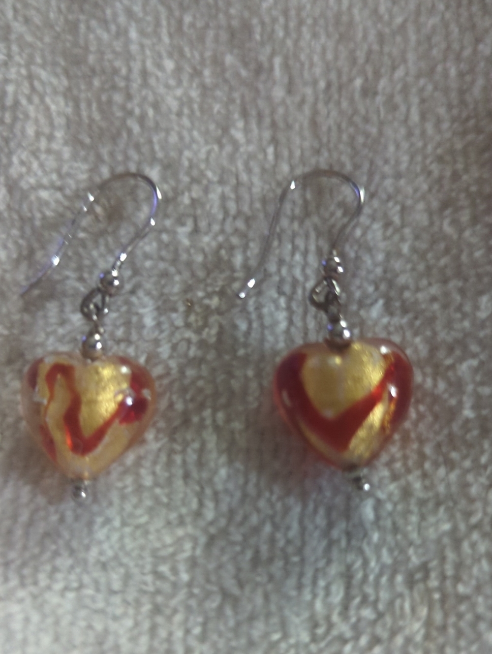 Gold and Red Heart Drop Earrings -venetian Glass, 925silver Ear Wires